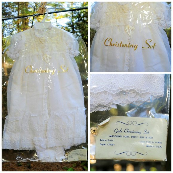 VTG Ivory Christening Baptismal 4-Piece Outfit Gown/Set 0-6M - Picture 6 of 13